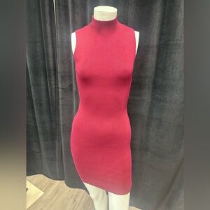 Women’s Burgundy Mock Neck Ribbed Bodycon Fitted Sleeveless Dress